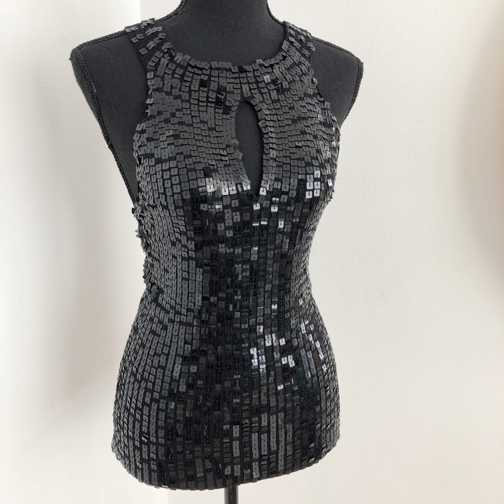 Black Sequin Knit Halter Tank Top